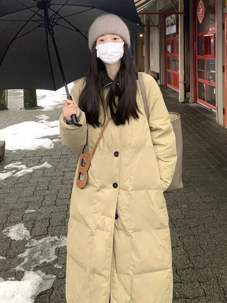 

ROUJE KEFSS Women's Mid-Length down Jaet round Ne Loose Fit Du down Outerwear Winter Faion Over-Knee White