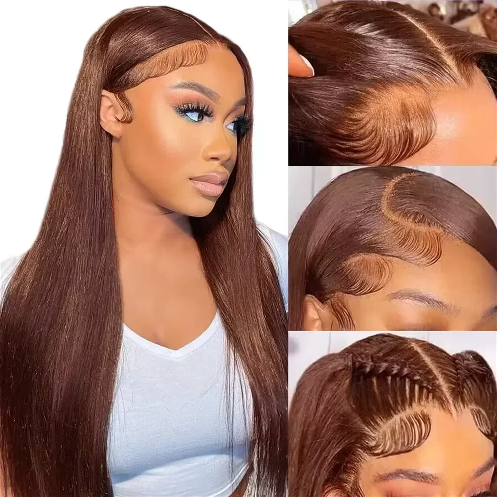 Perruque Lace Front Wig naturelle lisse, cheveux humains, brun chocolat, 13x6, pre-plucked, pour femmes