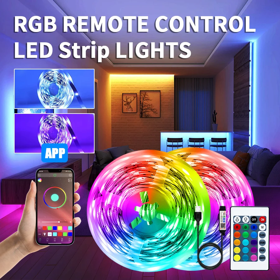 Colorful LED light strip with 24 buttons, remote control APP adjustable color suitable for indoor bedrooms, living rooms, party