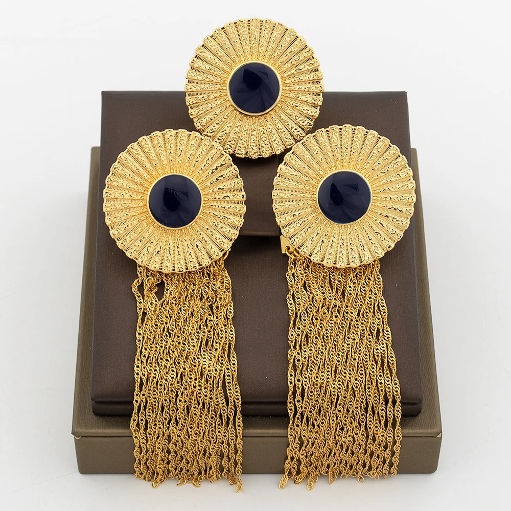 Luxury Gold Color Tassel Earrings & Ring Set, Square Design