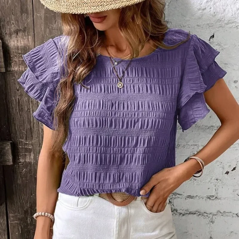 

Top Women 2024 Solid Color Blouses O-Neck T-shirts Casual Fashion Ruffle Sleeves Vintage Female Shirts Grace Summer Streetwear