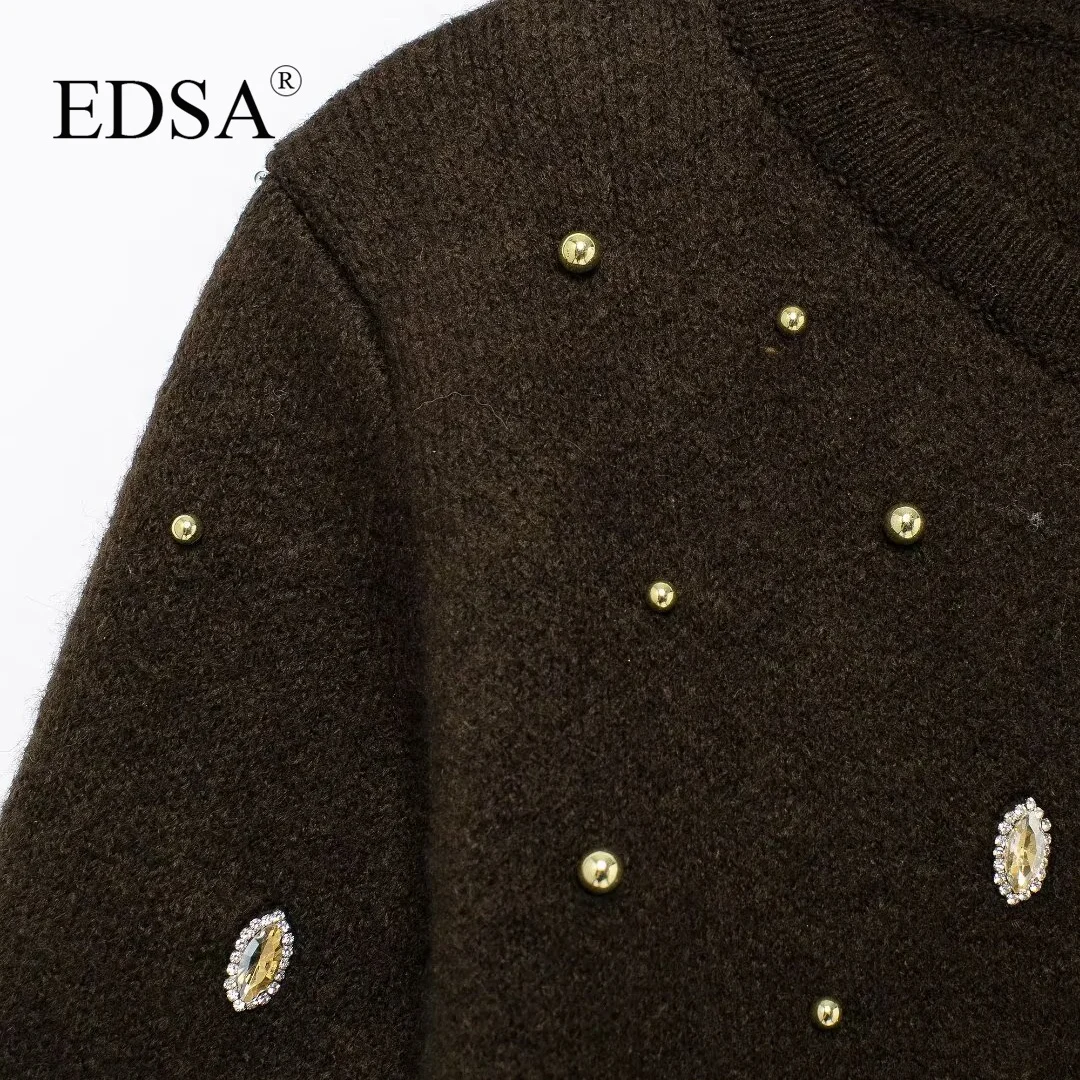 EDSA Women Beaded Rhinestone Knit Cardigan Round Neck Sweater Jacket Single Breasted with Pockets Half Sleeves for Female Autumn