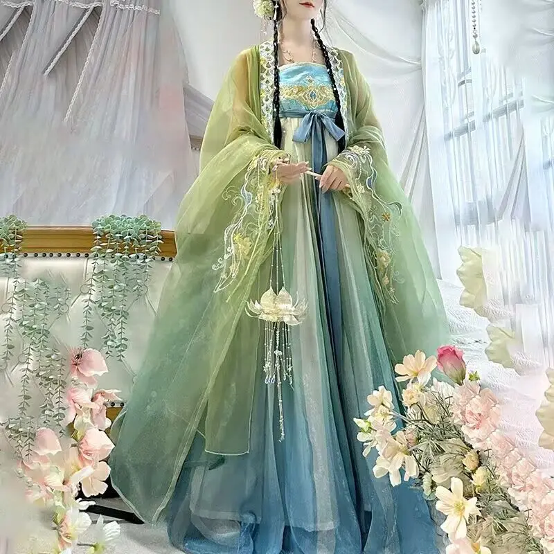 

Китайское платье Hanfu, женское старинное традиционное платье Hanfu с вышивкой, женское зеленое платье с градиентом Hanfu для Хэллоуина