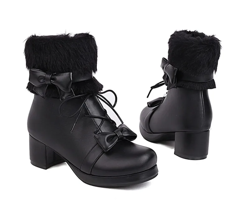 Winter Lolita Ankle Boots Fluffy Round Toe Kawaii Japanese Anime Cosplay Warm Boots for Women Plus Sizes Availabl