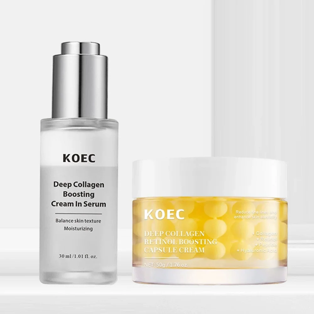 Deep Collagen Retinol Peptide Capsule Cream and Serum Set, Hyaluronic Acid Facial Moisturizer for Fine Lines Elasticity