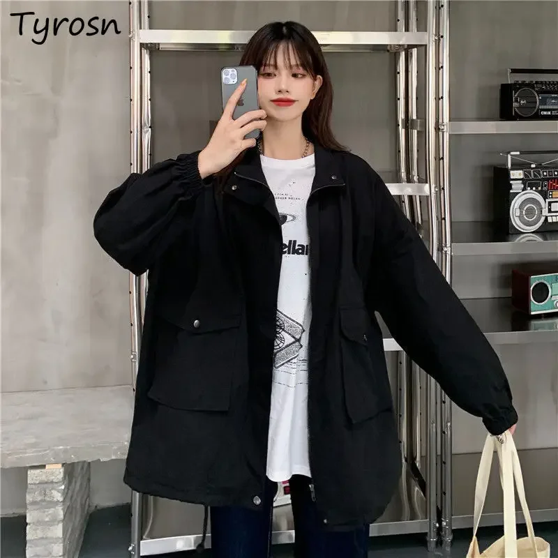 

Cargo Jackets Women Vintage Loose Autumn Coats Safari Style Harajuku Retro Pockets BF Students Solid Daily Streetwear Ins Chic
