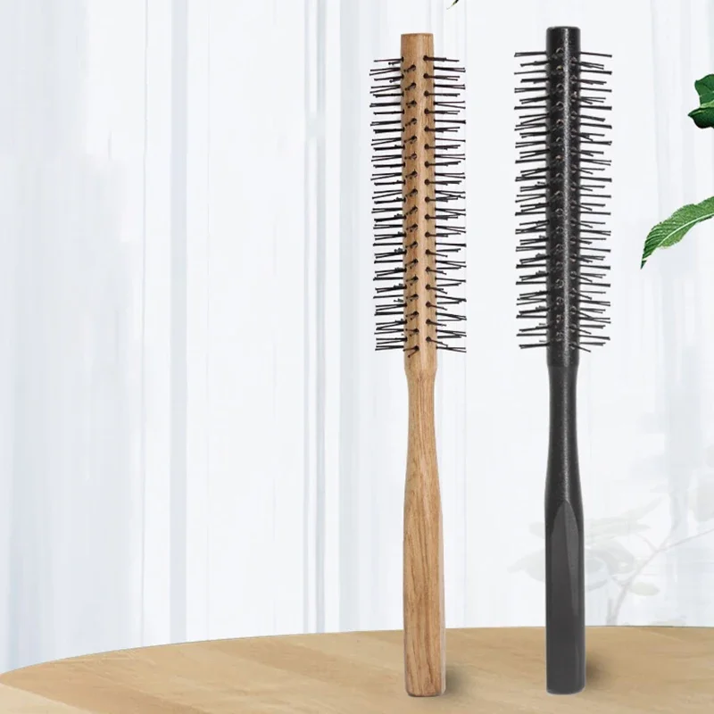 Mini Round Nylon Hairbrush Curly Hair Styling Comb Rolling Comb Round Brush for Thin or Short Hair Men with Wooden Handle