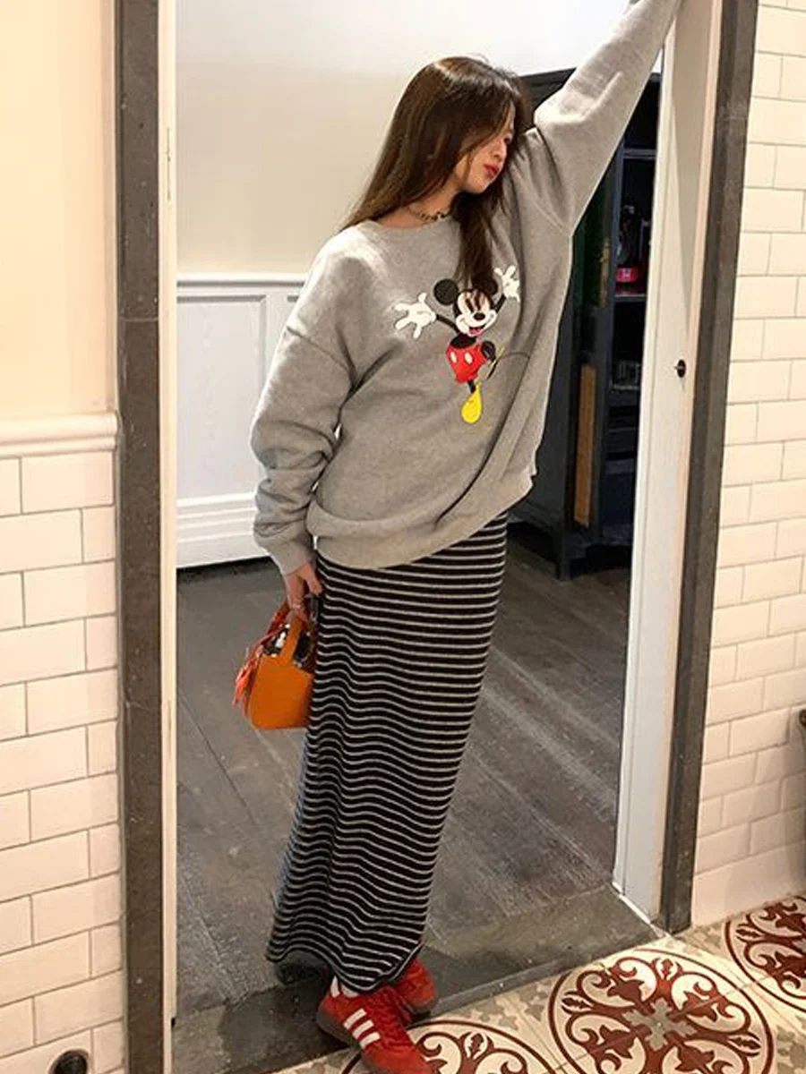 Thickened Knitted High Waist Midi Skirt Women's 2026 Autumn New Stripe A-Line  Skirt Commute Korean Style Half-length Skirts