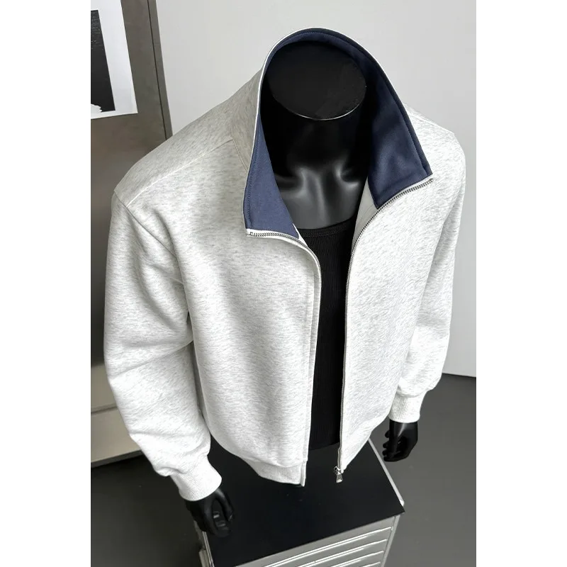 Men Heavyweight Heather Gray Stand Collar Zip Up Sweatshirt Loose Casual Jacket