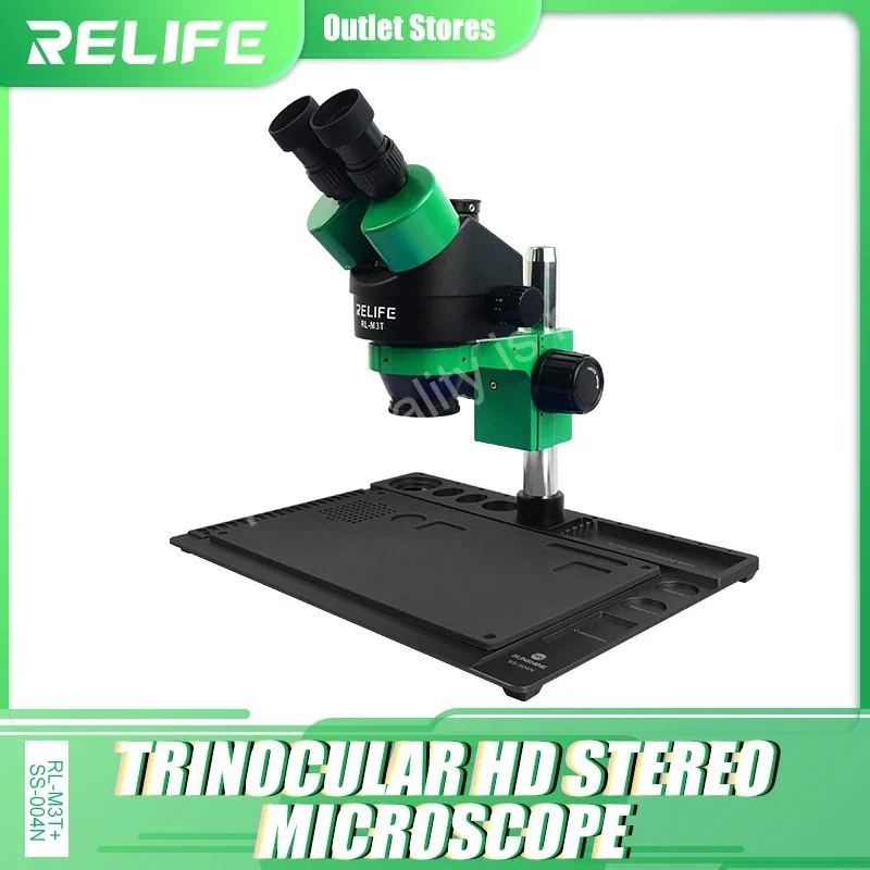 RELIFE RL-M3T+SS-004N 7X-45X Zoom Matched Trinocular Stereo Microscope With HDMI Camera LED Light for Mobile Repair Microscope