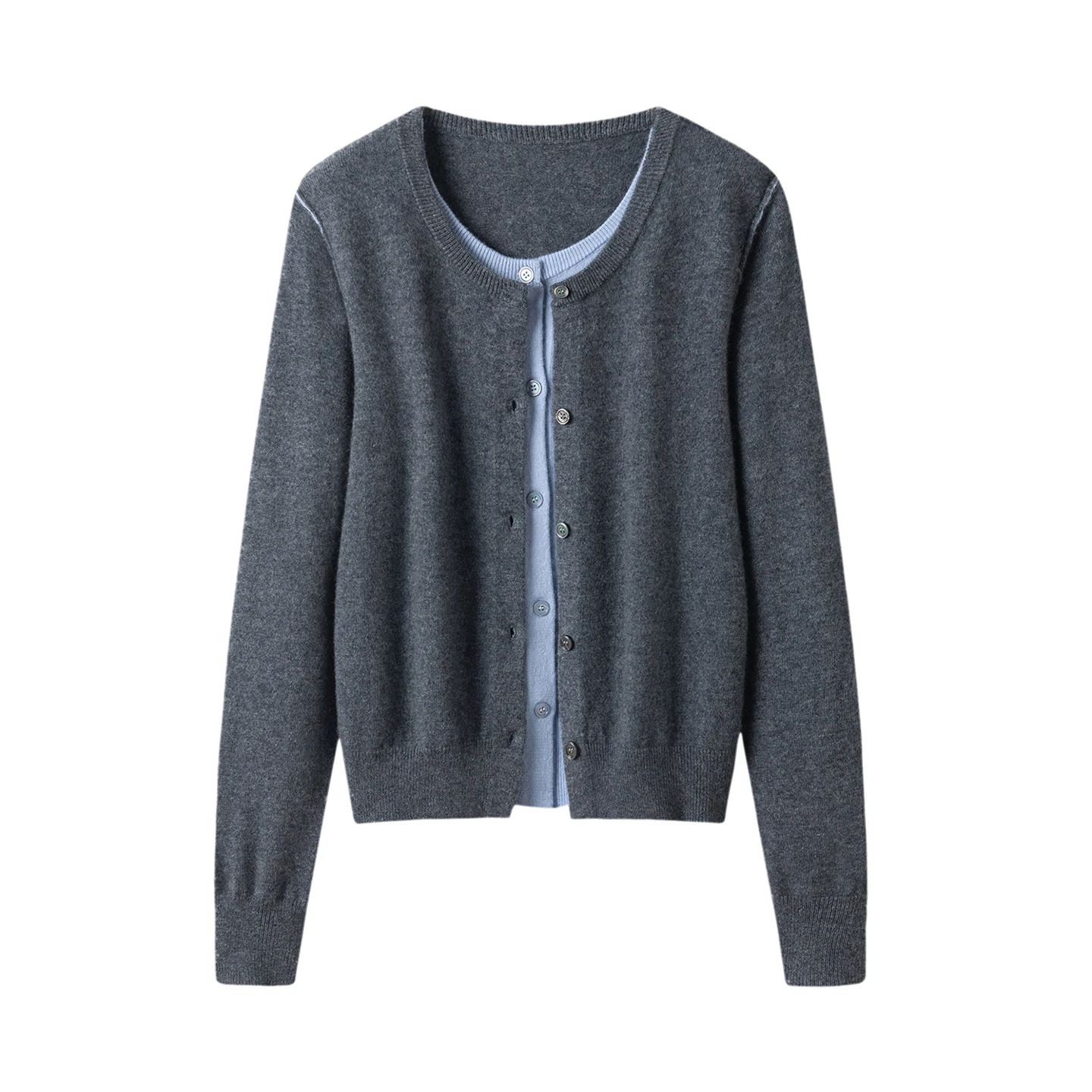 Women's Autumn/Winter 100% Pure Cashmere Crewneck Color-Block Long Sleeve Knit Cardigan Sweater, Simulated Double Piece Design