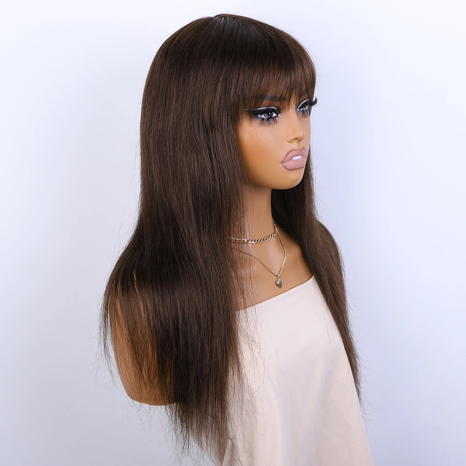 Sleek 4# Brown Colored Human Hair Wigs For Women 22 Inch Straight Brazilian Hair Wigs With Bangs 100% Real Ready To Wear Wigs