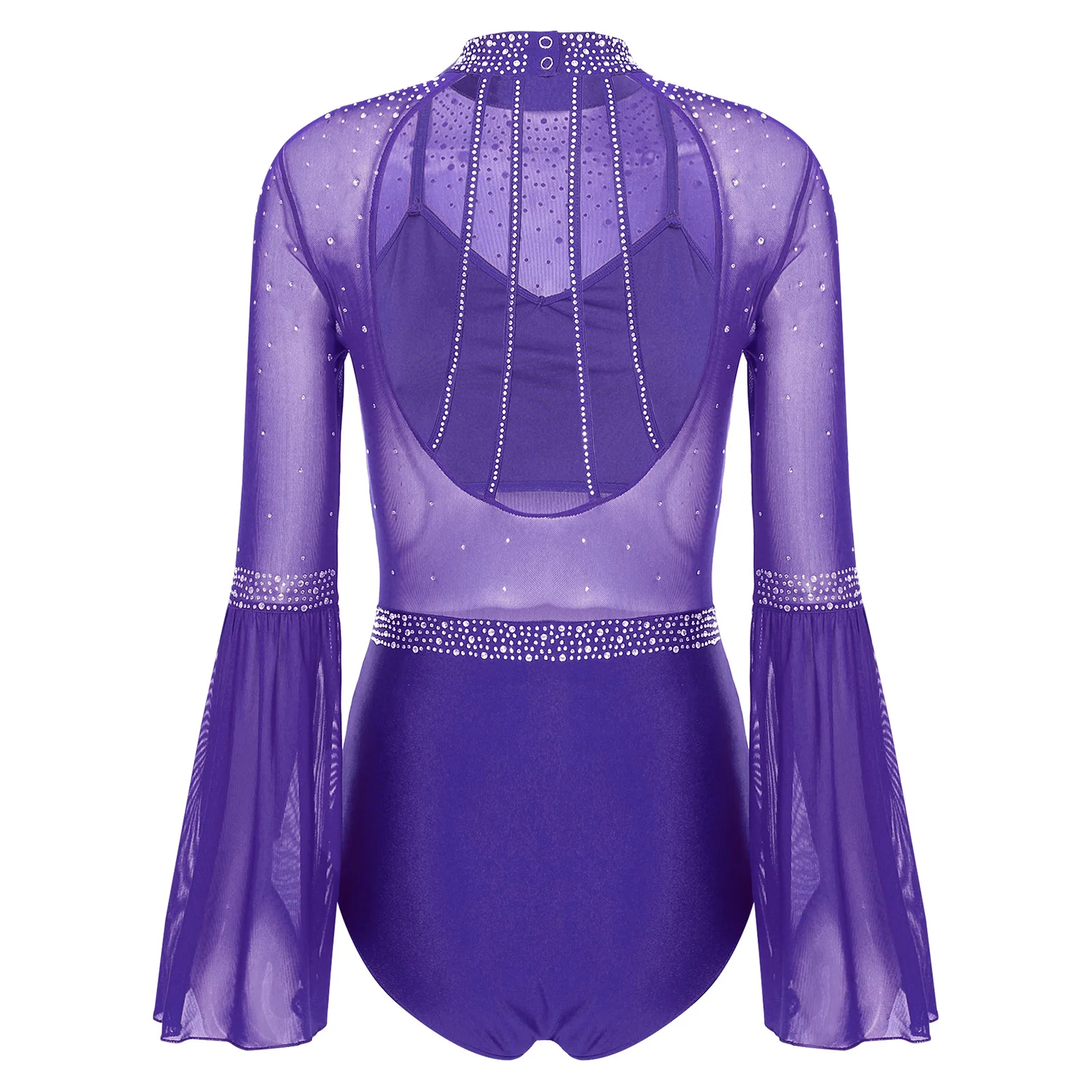 Damen Eiskunstlauf Rhythmische Gymnastik Performance Kostüm Flare Sleeve Sparkly Strass Ballett Tanz Trikot Tanzbekleidung – Detail 18
