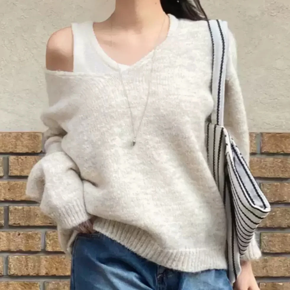 Chic Sweet Versatile Korean Style V-Neck Long Sleeve Knitwear Tank Top Sweater Two-Piece Set Women's Fashion Autumn Winter