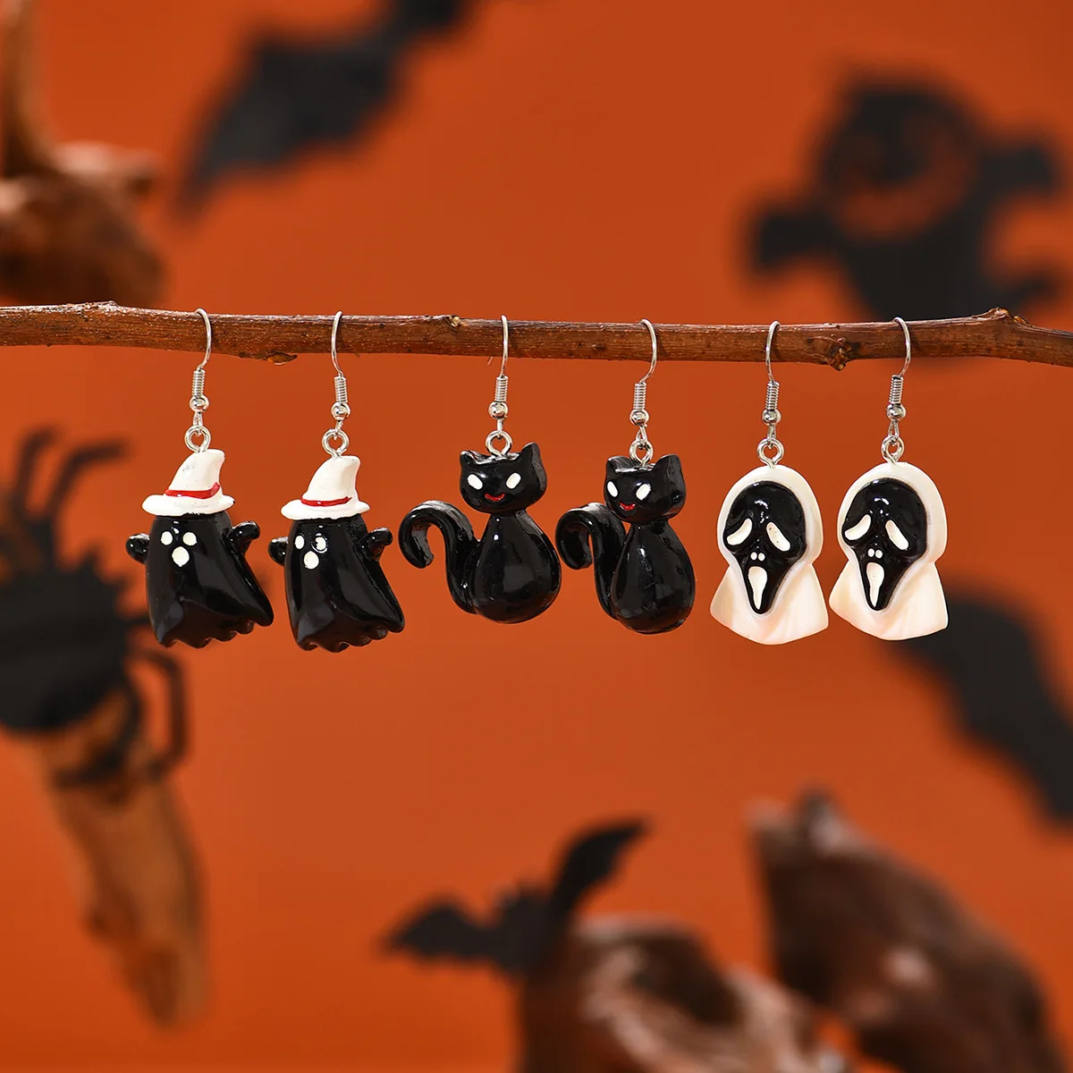 3 pair Europe and America Multi-color Resin Ghosts, Skeletons, Witch Hats, Cat Earrings Unisex Halloween Hip Hop Party Necklace