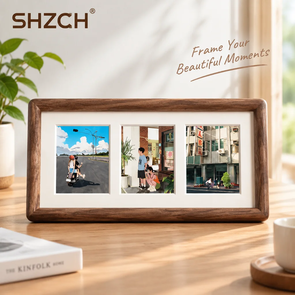 Walnut Wood Photo Frames Five Palace Grid Collage Frame for Couples Baby Photo Array Frames Oval Cutouts for Wedding Picture