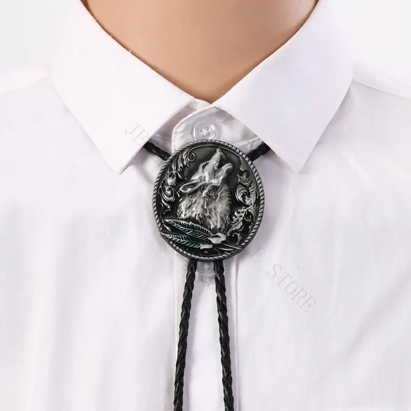 R7UF Fashionable Men’S Alloy Wolf Head Pendant Necklace With Soft Nylon Bolo Tie