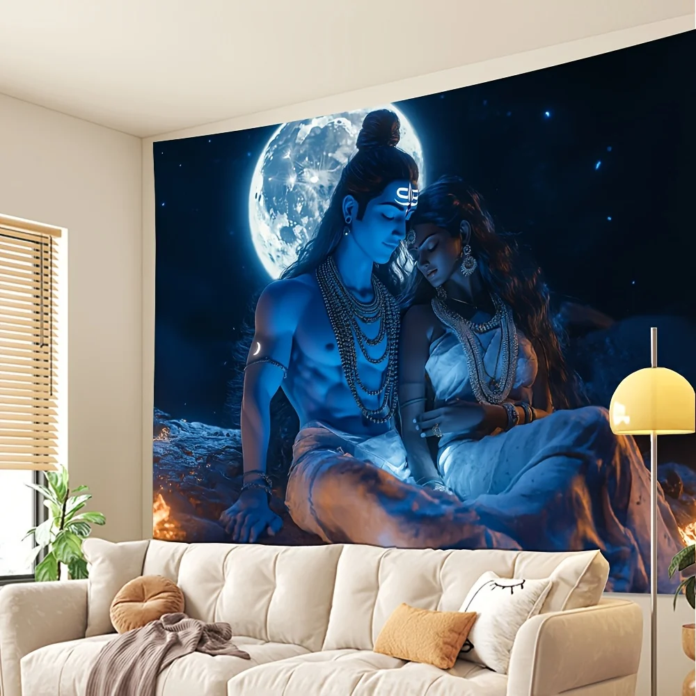 

Гобелен Divine Shiva-Parvati — небесная пара Moonlit в синем и золотом цвете, эфирное свечение с сакральным пламенем, домашний декор