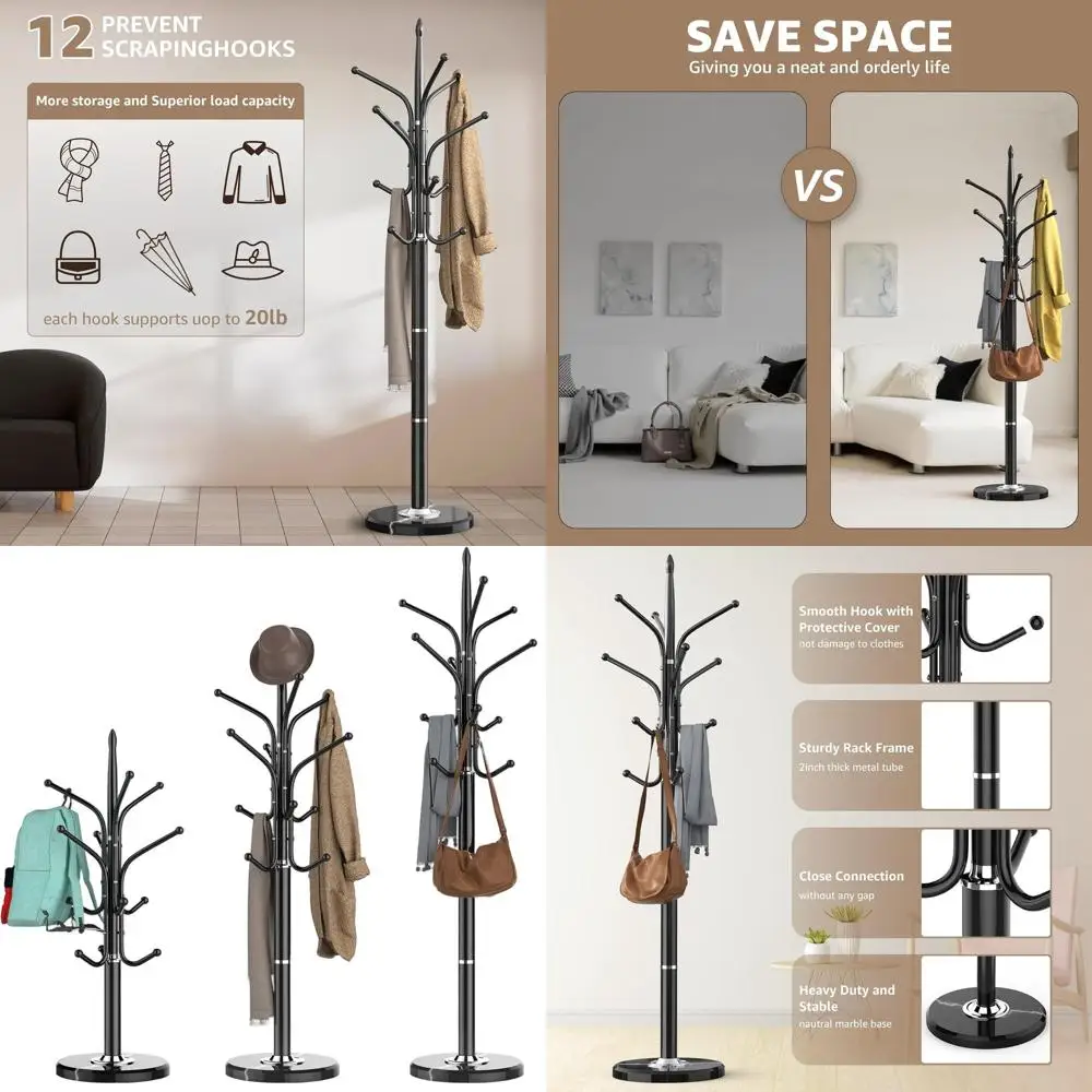 

Marble-Base Freestanding Coat Rack with 12 Hooks, Adjustable 3-Tier Metal Stand for Home or Office