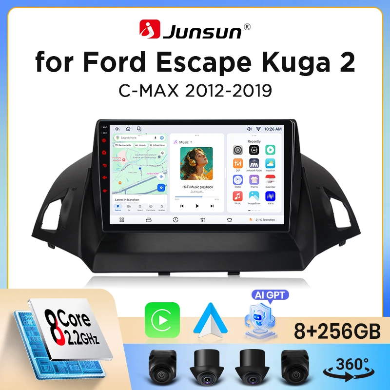 Autoradio Junsun sans fil CarPlay Android Auto pour Ford Kuga Mk2 (C520) / C-MAX Mk2 (C344) 2012-2019 avec ventilateur de refroidissement intégré, navigation GPS Android, lecteur multimédia, WiFi, DSP, RDS, BT, SWC, écran tactile IPS, autoradio, lecteur vidéo, unité principale, stéréo
