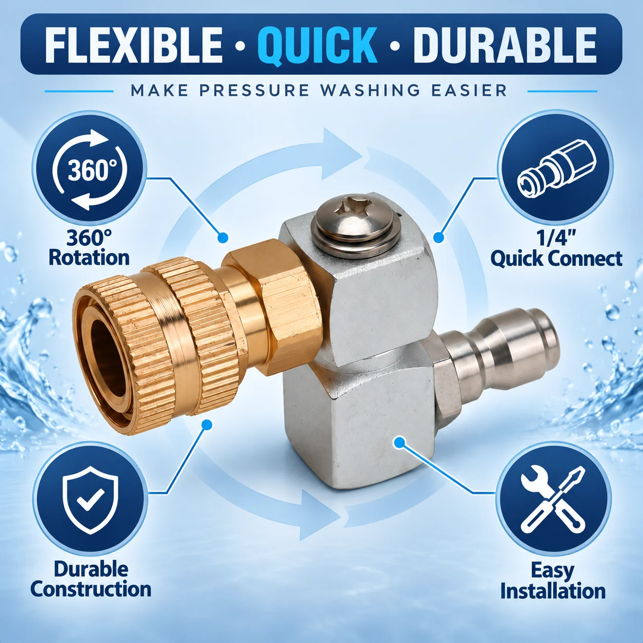 Angle Adjustable Car Wash Gun Coupler 360° Rotating Nozzle Adaptor With 1/4