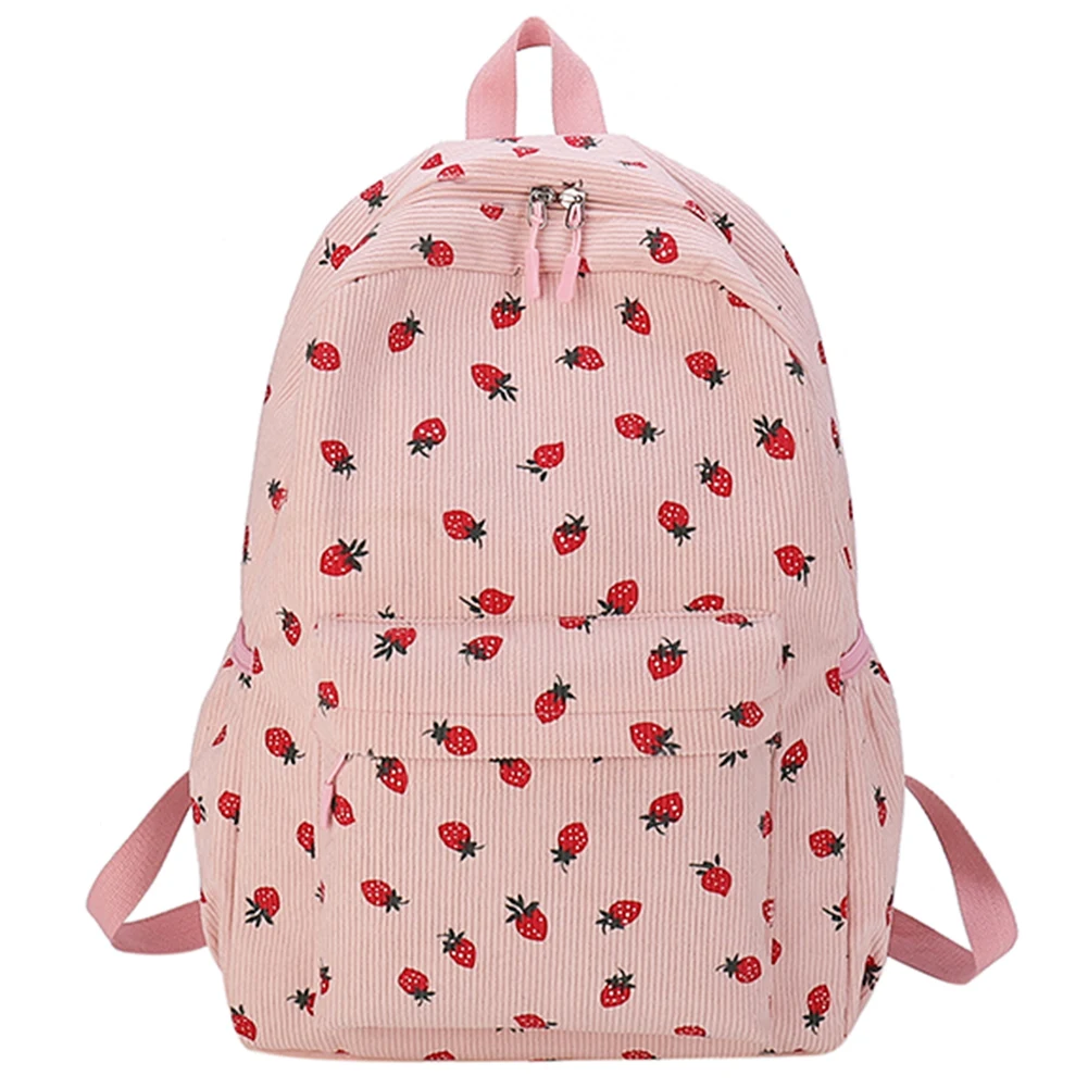 Corduroy Strawberry Backpack Students School Bag Large Capacity Trendy Book Bag Multi-pockets Adjustable Strap for Women Girls