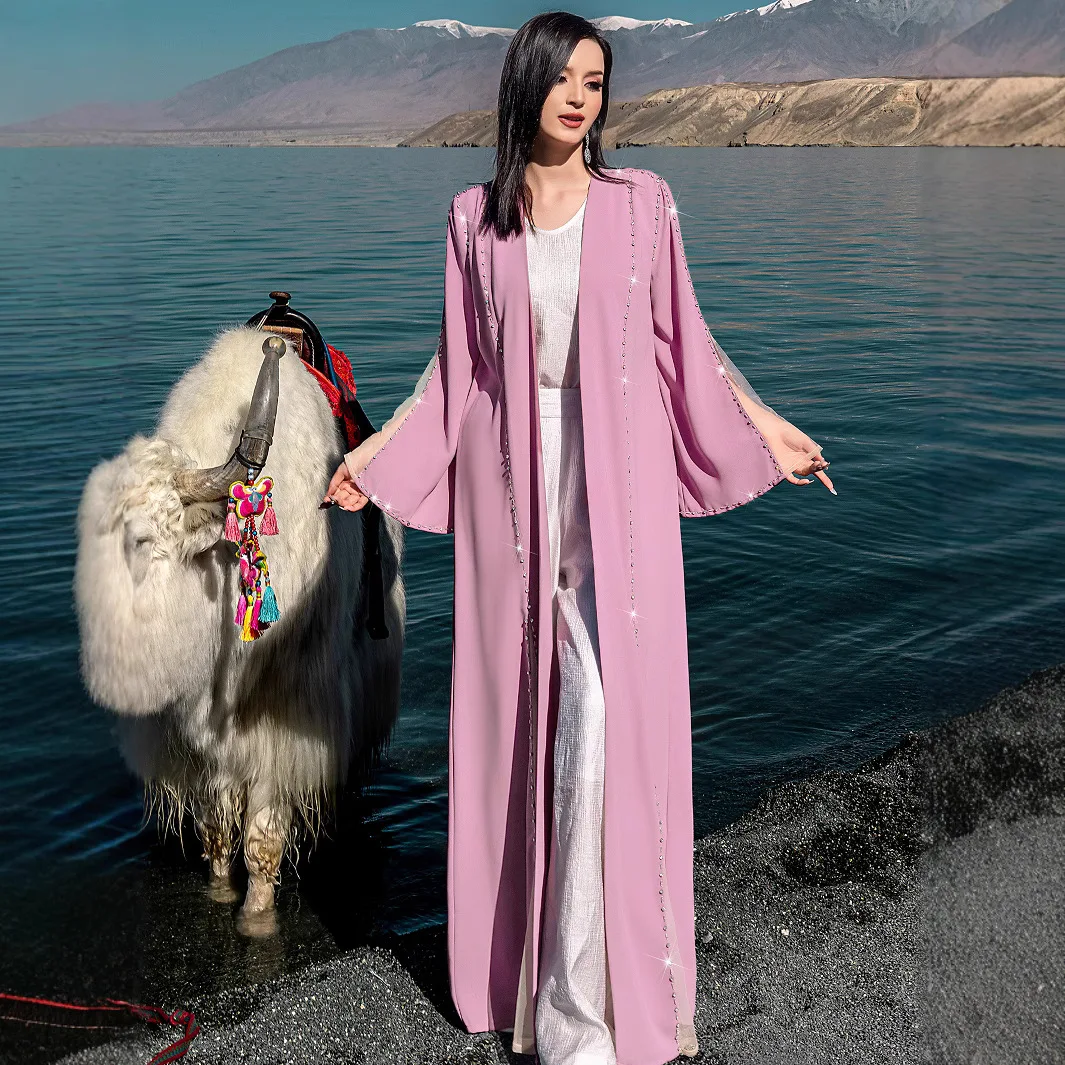

Dubai Abaya New Fashion Women's Pink Solid Color Long Sleeve Ankle Length Loose Casual Trendy Cardigans Female Muslim Clothes