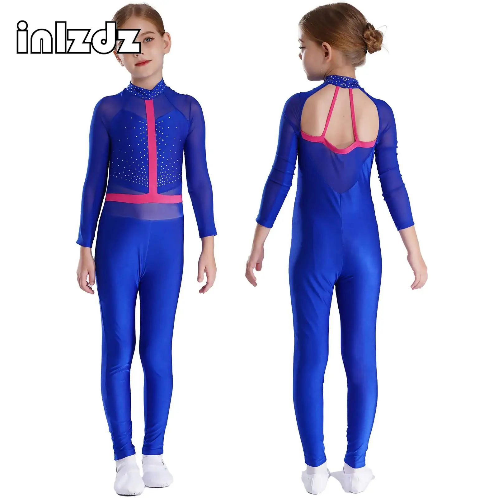 Kids Long Sleeve Rhinestone Ballet Leotards Bodysuit Gymnastics Jumpsuit For Girls Teen Figure Ice Skating Jumpsuits Unitard