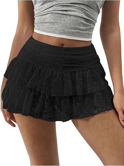 

Pure Color Sexy Lace Trimmed Cake Skirt Casual Low Waist A-Line f-length Skirt for Young Women Summer Season