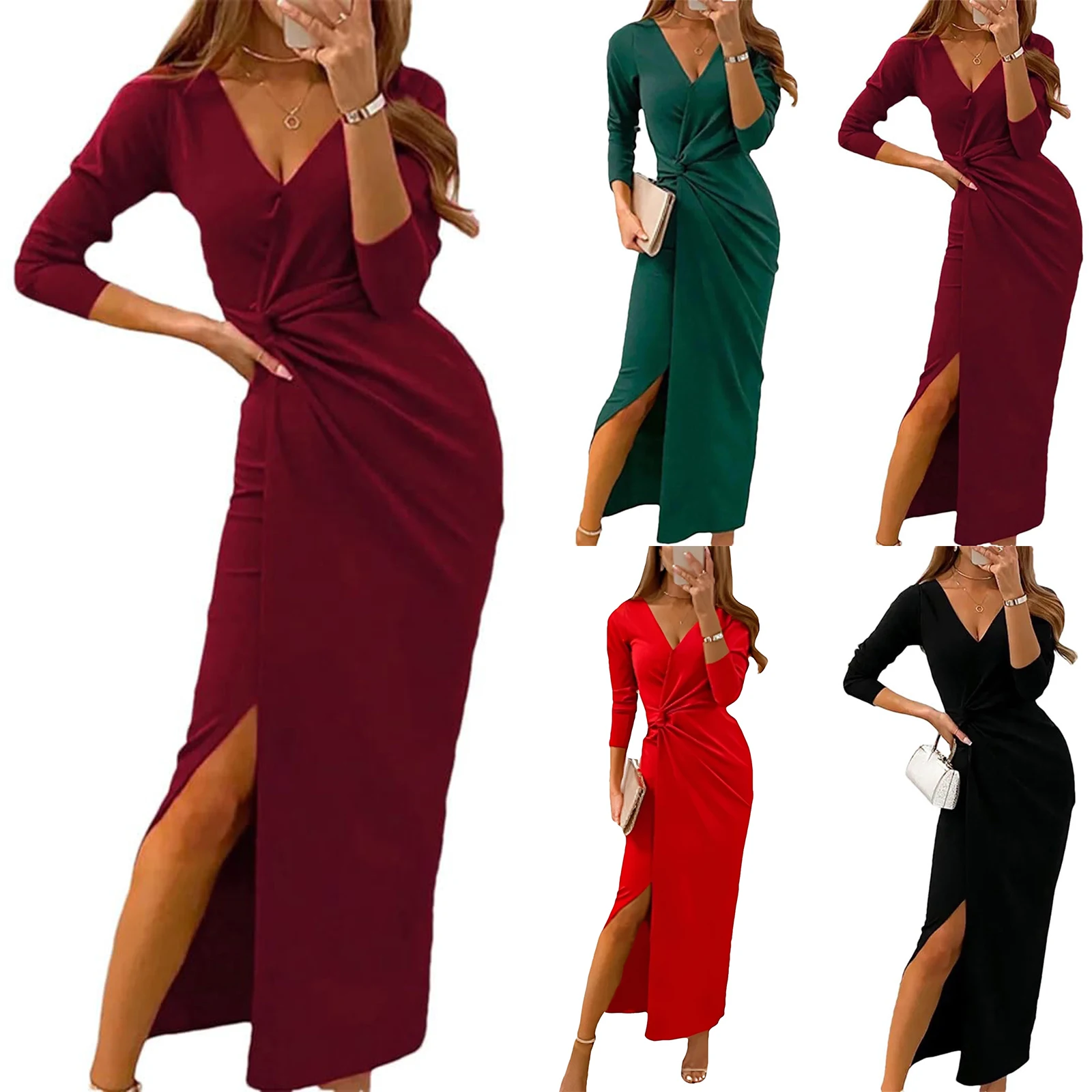 Vestido de moda feminina cor sólida sexy decote em v manga longa vestido aberto bodycon fenda clássico vestido de noite maxi vestido