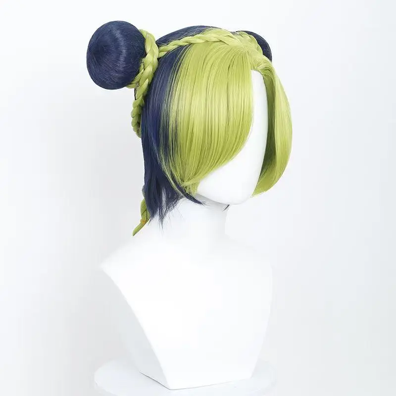 Jolyne Cujoh Cosplay Wig Anime Character Short Hair Teal Blue Double Buns Style Rose Net Heat Resistant Synthetic Fiber Wig
