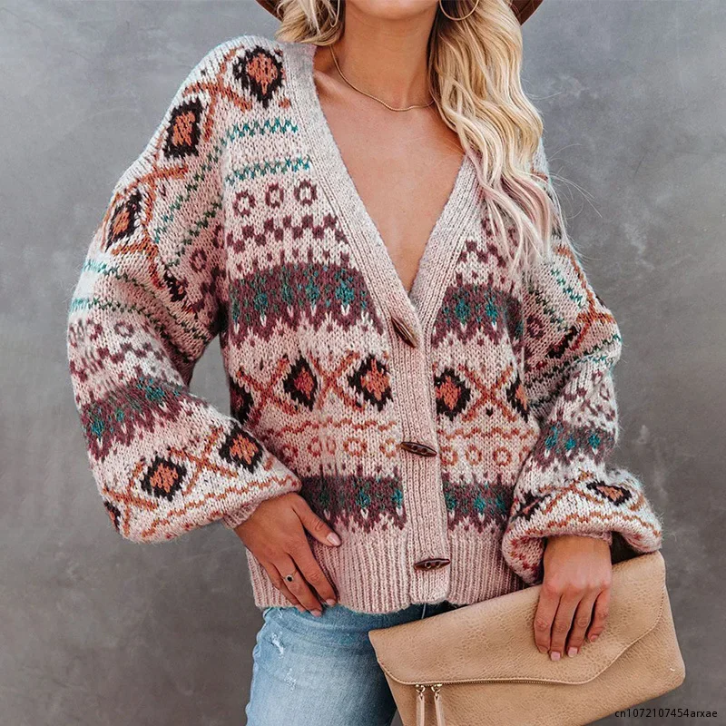 Women's Retro Knitted Sweater 2024 Fashion Winter New National Style Loose Sweater Women Casual V Neck Cardigan Sweater Coat