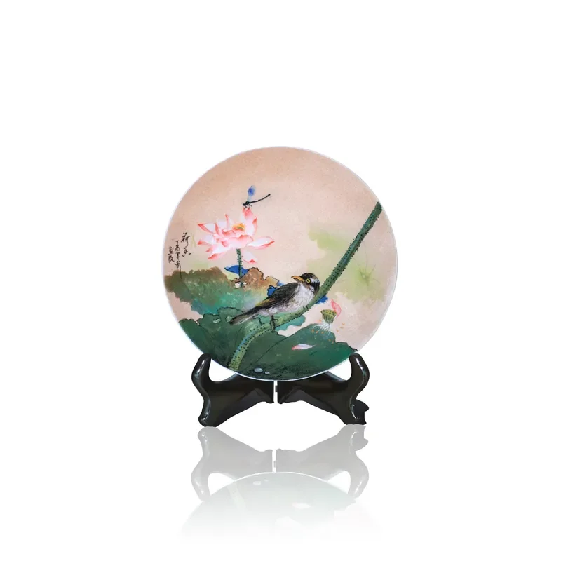 Handmade Chinese Lotus Ceramic Panel Art Sandstone Painting Tabletop Ornament Home Decoration Souvenir Gift for Living Room