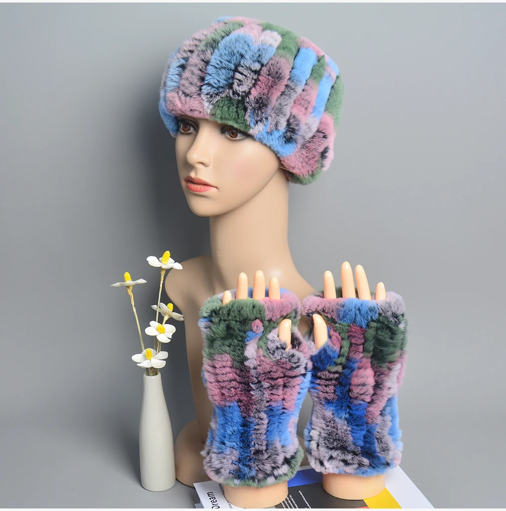 One Set Women Real Rex Rabbit Fur Cuff+Headband Winter Warmer Hat Arm Wrist Sleeve Gloves Female Real Fur Cap+Elastic Wristband