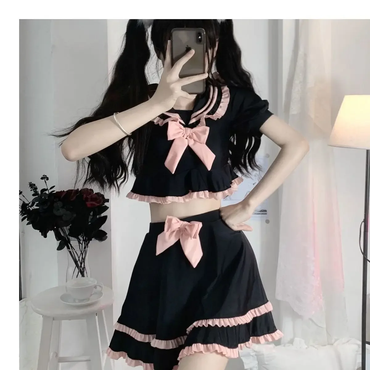 Imagem -05 - Sukumizu Bow Sailor Collar Two Preço Roupa de Banho Conjunto para a Menina da Escola Black Lolita Ruffle Bikini Maiô Tops e Saia Grupo Cosplay Bonito