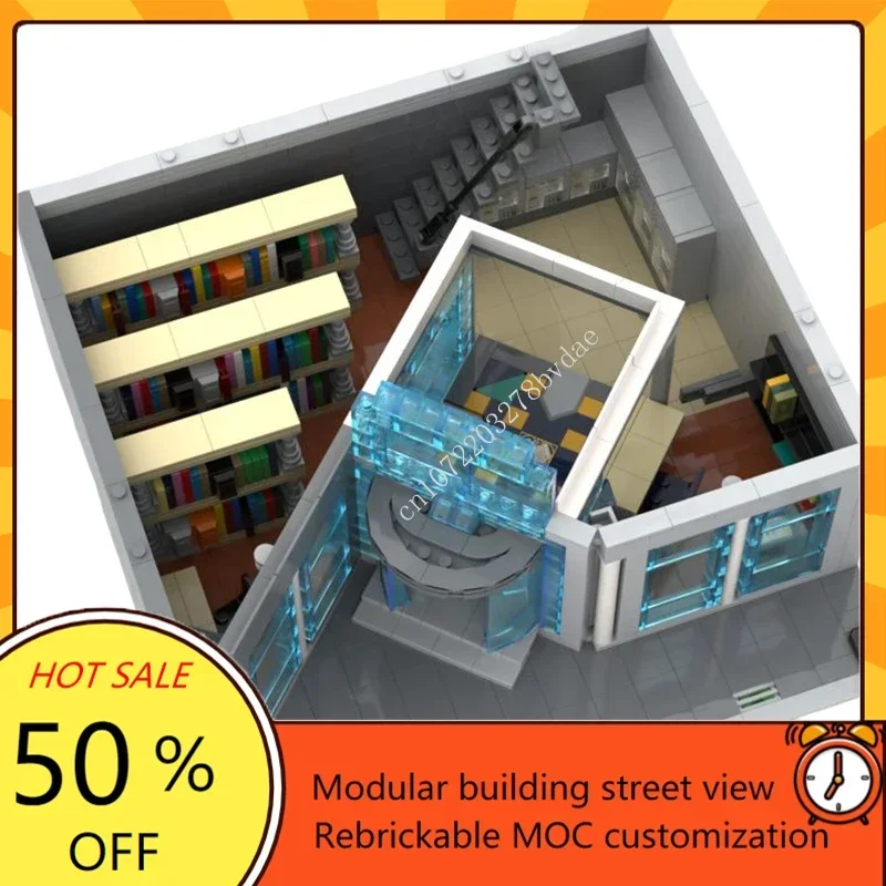 Modern Library Modular MOC Building Blocks, Street View Model, Arquitetura Criativa, DIY Assembleia de Educação, Toy Gift, 3082Pcs