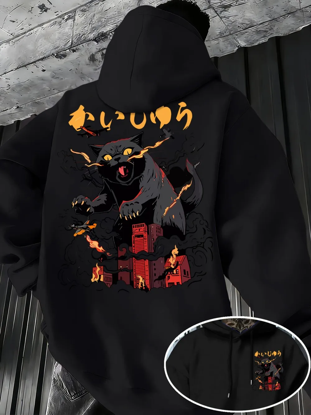 American style new autumn men's fun cat city print micro elastic comfortable hooded sweatshirt outdoor city casual top