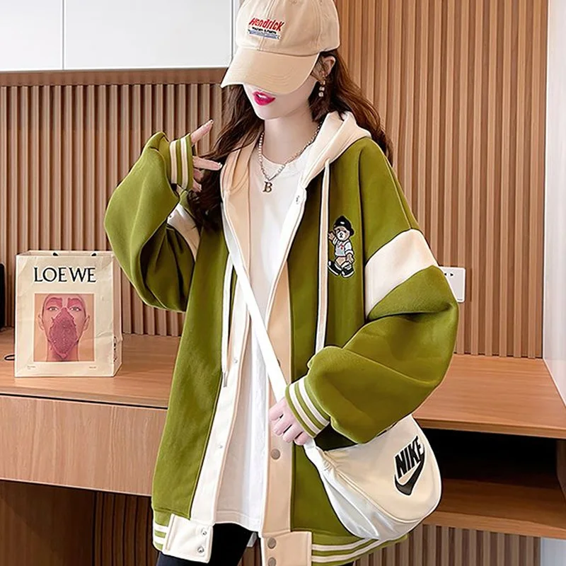 2023 New Pocket Hooded Sweatshirts Loose Femme Buttons Long Sleeve Coat Streetwear Women's Clothing Casual Preppy Style Jackets