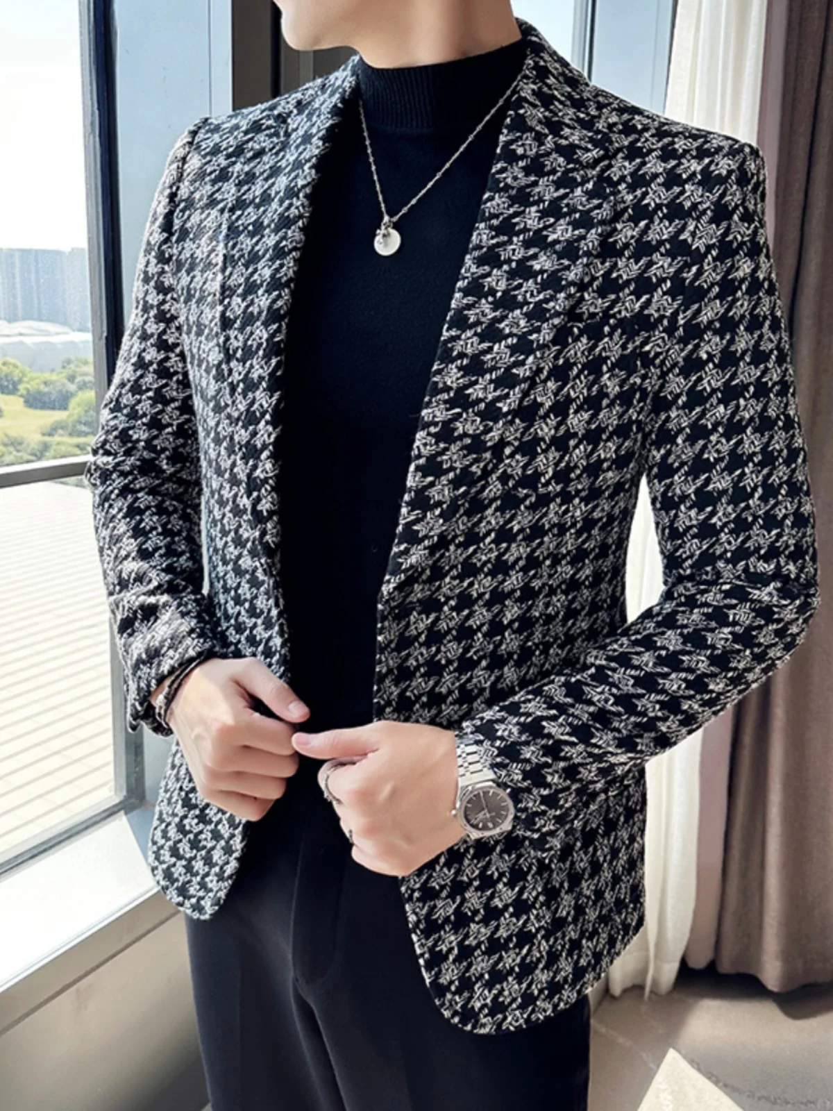 2023 Autumn Winter Plaid Men Blazers Thickened Casual Business Suits Jackets Single Buckle Wedding Groom Streetwear Social Coat