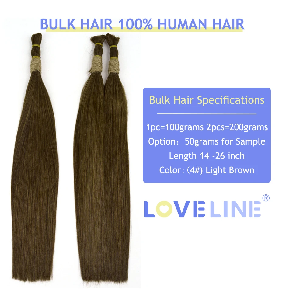 Loveline 4# Straight Bulk Hair Extension Human Hair Remy Crochet Hair Extension Chocolate Brown Bulk Human Hair For Braiding