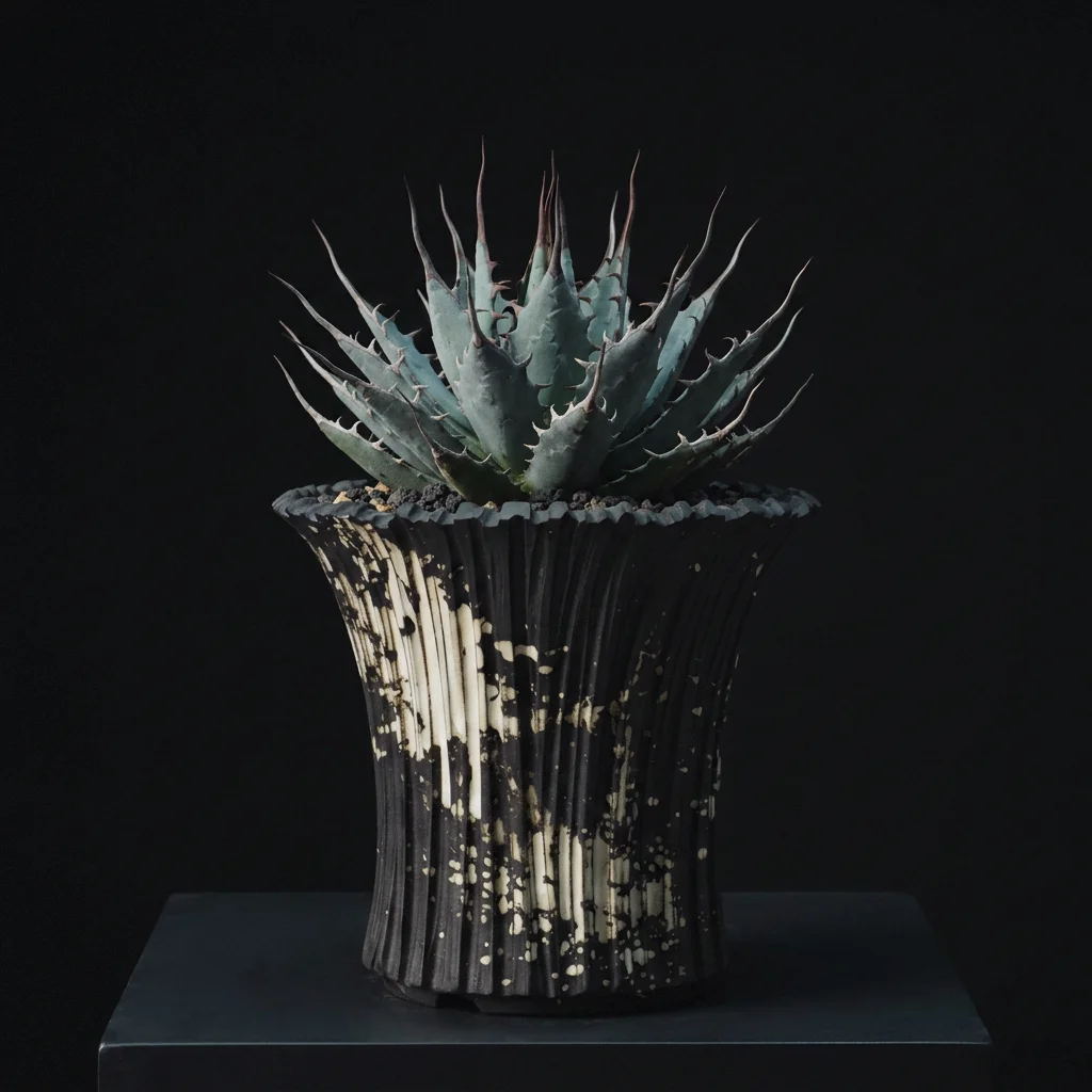 Vertical Ridged Black White Splash Caudex Pot, Handmade Fluted Ceramic Planter For Agave, Cactus & Succulents