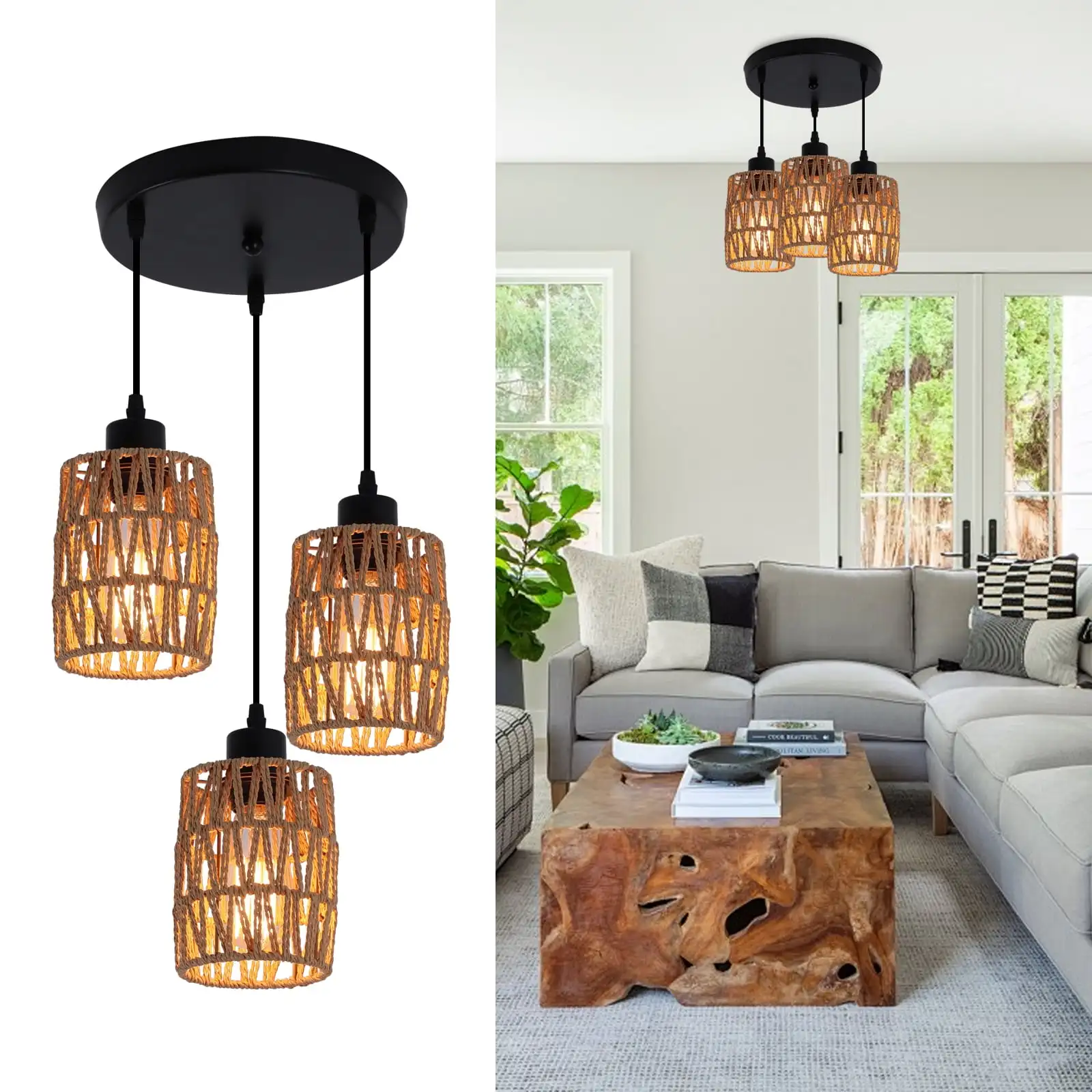

3-Light Rattan Chandelier Farmhouse Boho Hanging Lamp Fixture with Hand-Woven Wicker Shade for Bedroom Living Room Foyer Hallway