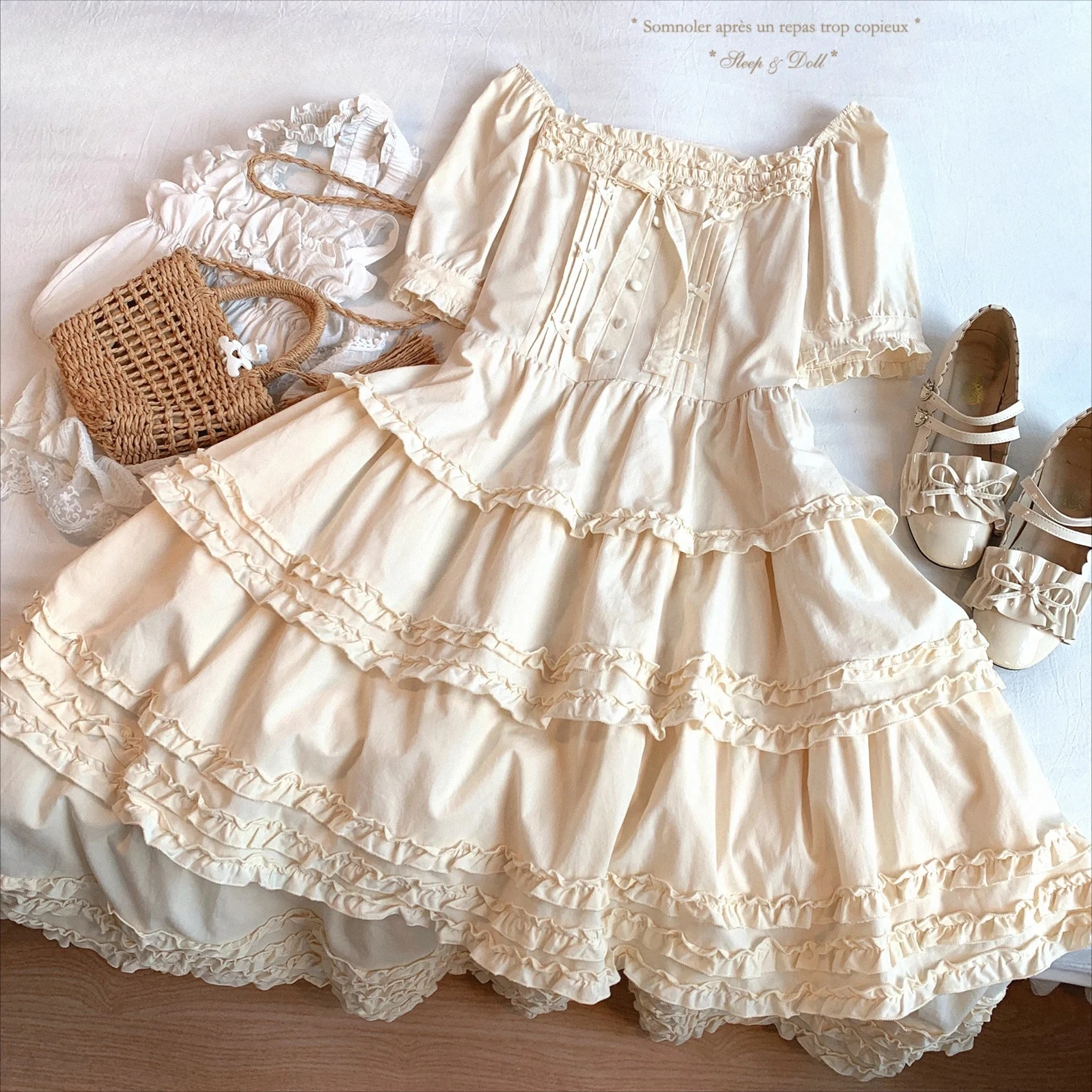 

Mori Retro Satin Bow Long Dress Women Summer New Fashion Elegant Lolita Girls Ruffle Dresses Loose Casual Short-sleeved Dress