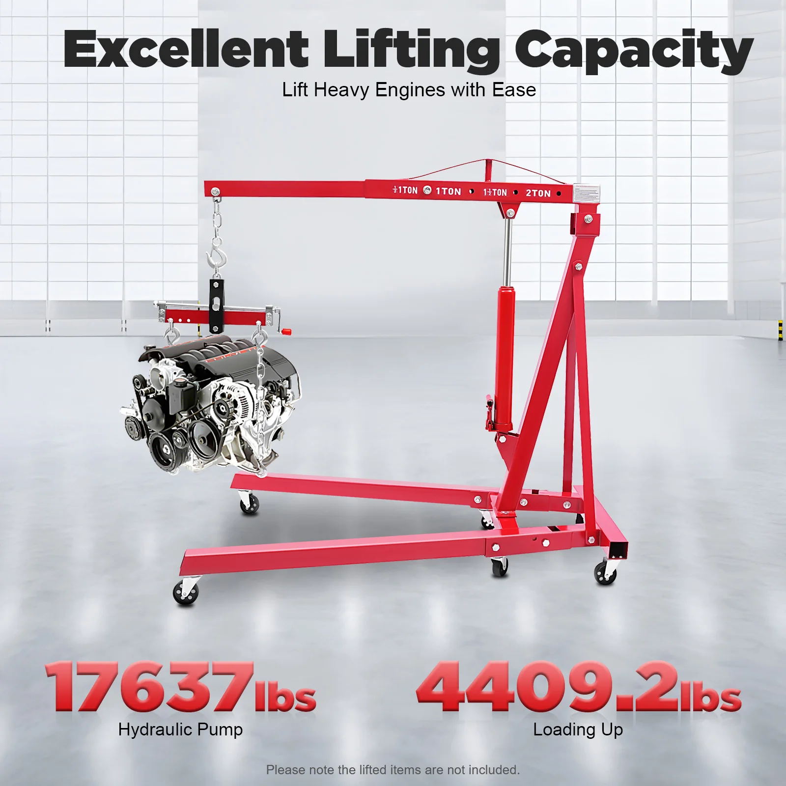 

Hydraulic crane up to 2000 kg, motor crane with 6 wheels and hydraulic pump – Includes engine lift, 4-level adjustment (0.5–2t)