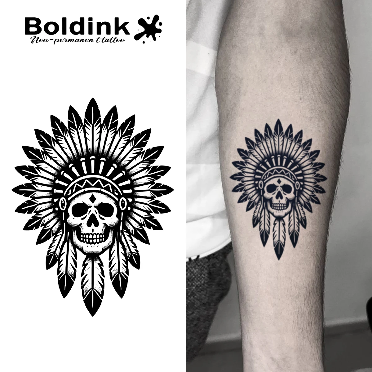 

BOLDINK 3D Indian Skull Tattoo Sticker Trendy Fashion Waterproof Lasts 1-2 Weeks Easy to Apply for Men & Women