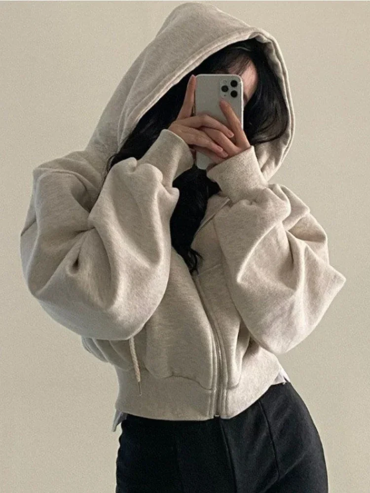 Japanese Solid Fashion Cropped Sweatshirts Vintage Grunge All Match Women's Coats Korean Chic Casual Hoodies Y2k Aesthetic Femme