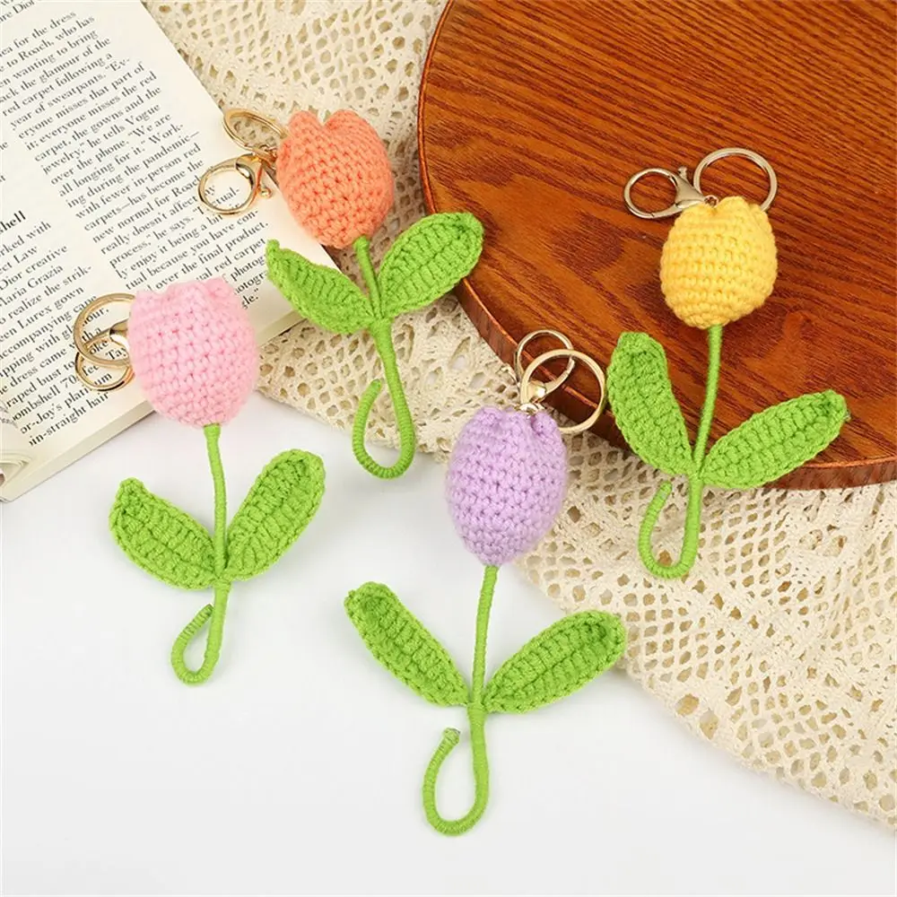 Bag Accessories Handmade Knitted Keychain Cartoon Sweet Cute Crochet Flowers Tulip DIY Craft Weaved Keyrings Car Pendant