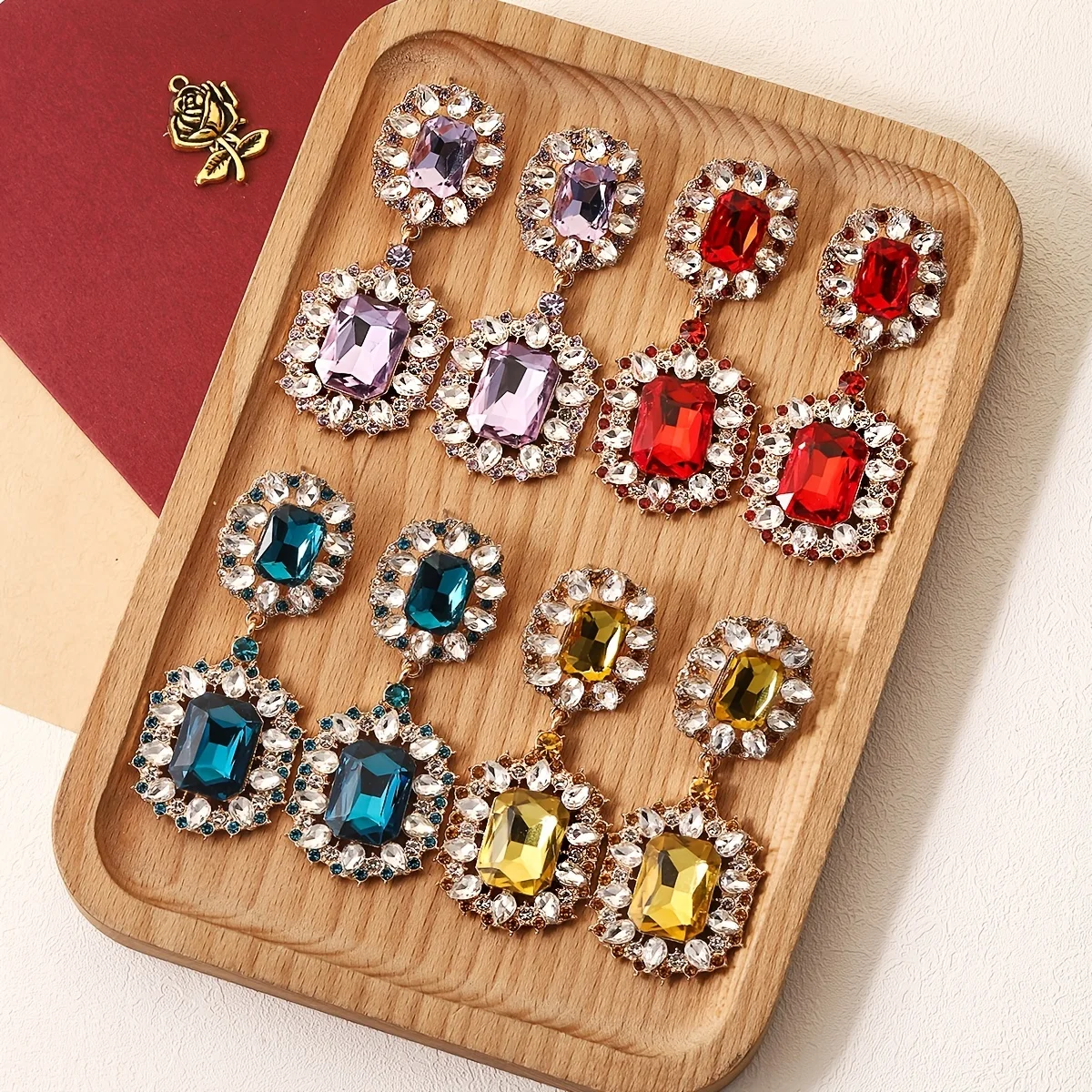 Vedawas Sparkly Crystal Earrings For Women Luxury Multicolor Square Glass Rhinestone Drop Earrings Jewelry Wedding