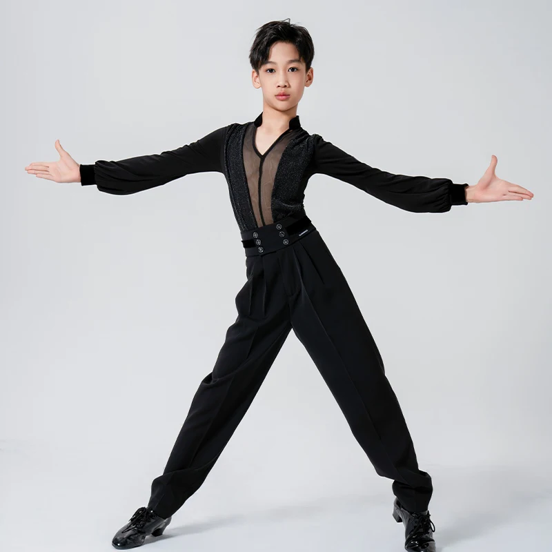 Costume de danse latine pour garçon, haut en maille noire à col en v, ensemble de pratique Rumba Samba, salle de bal pour enfants, vêtements de compétition Cha XH1763