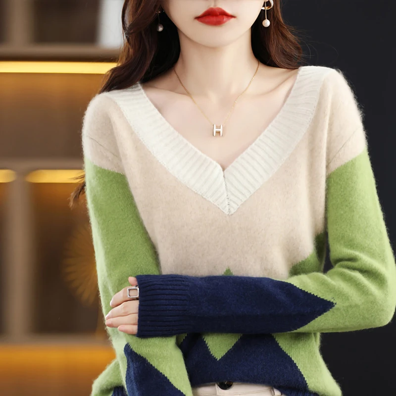 LONGMING Merino Wool Pullovers Women Sweater Cashmere Knitwears Sweater V-neck Knit Jumper Tops Clothes Korean Fashion Streewear